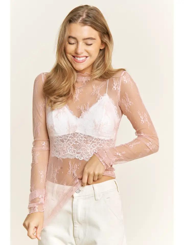 Mesh Lace High Neck Design Long Sleeve Fitted Top