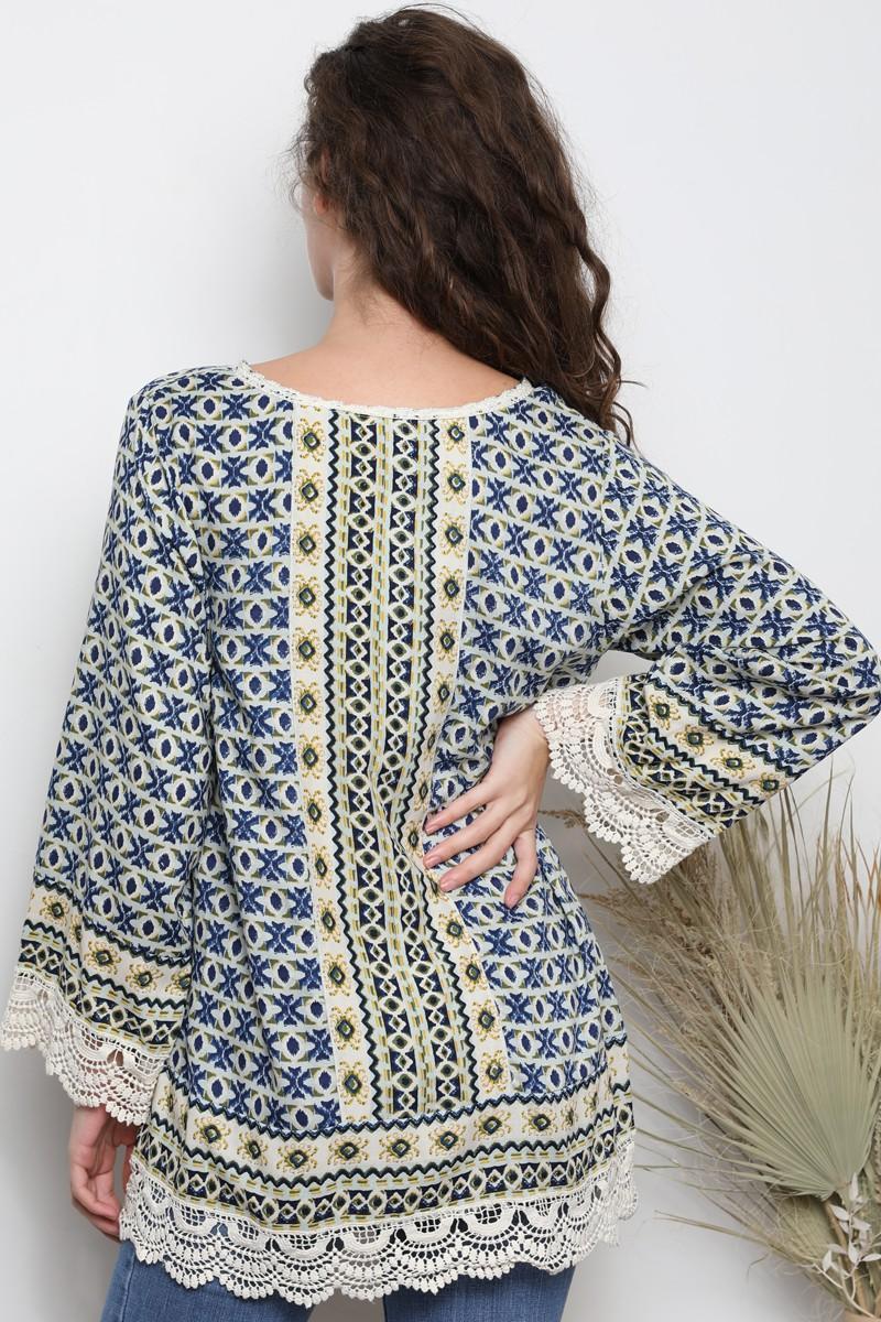 Crochet Trim V-Neck Blouse Mint/Blue