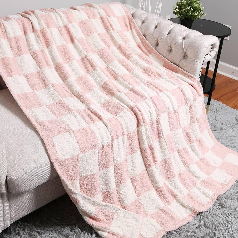 Reversible Checkerboard Patterned Throw Blanket - GREY, PINK OR BEIGE