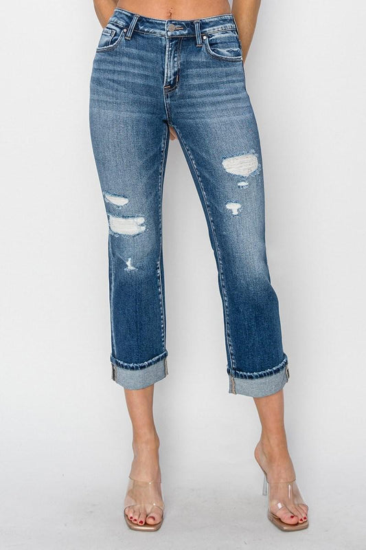 Risen RDP5782 Mid Rise Distressed with Cuffed Ankle Straight Jeans