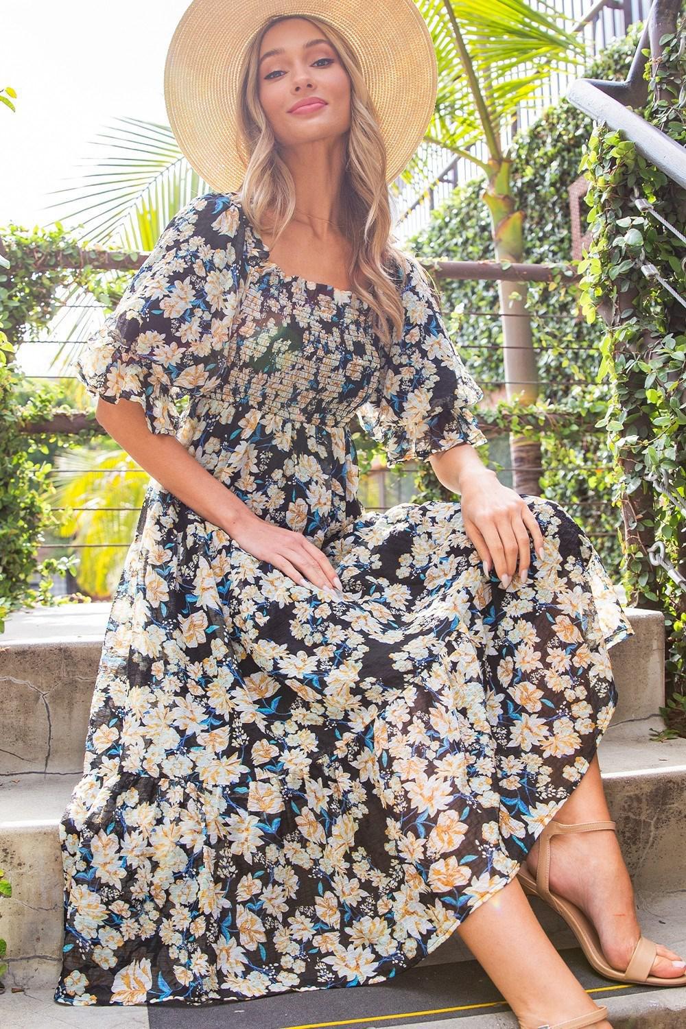 Smocked Floral Midi Dress DK9483