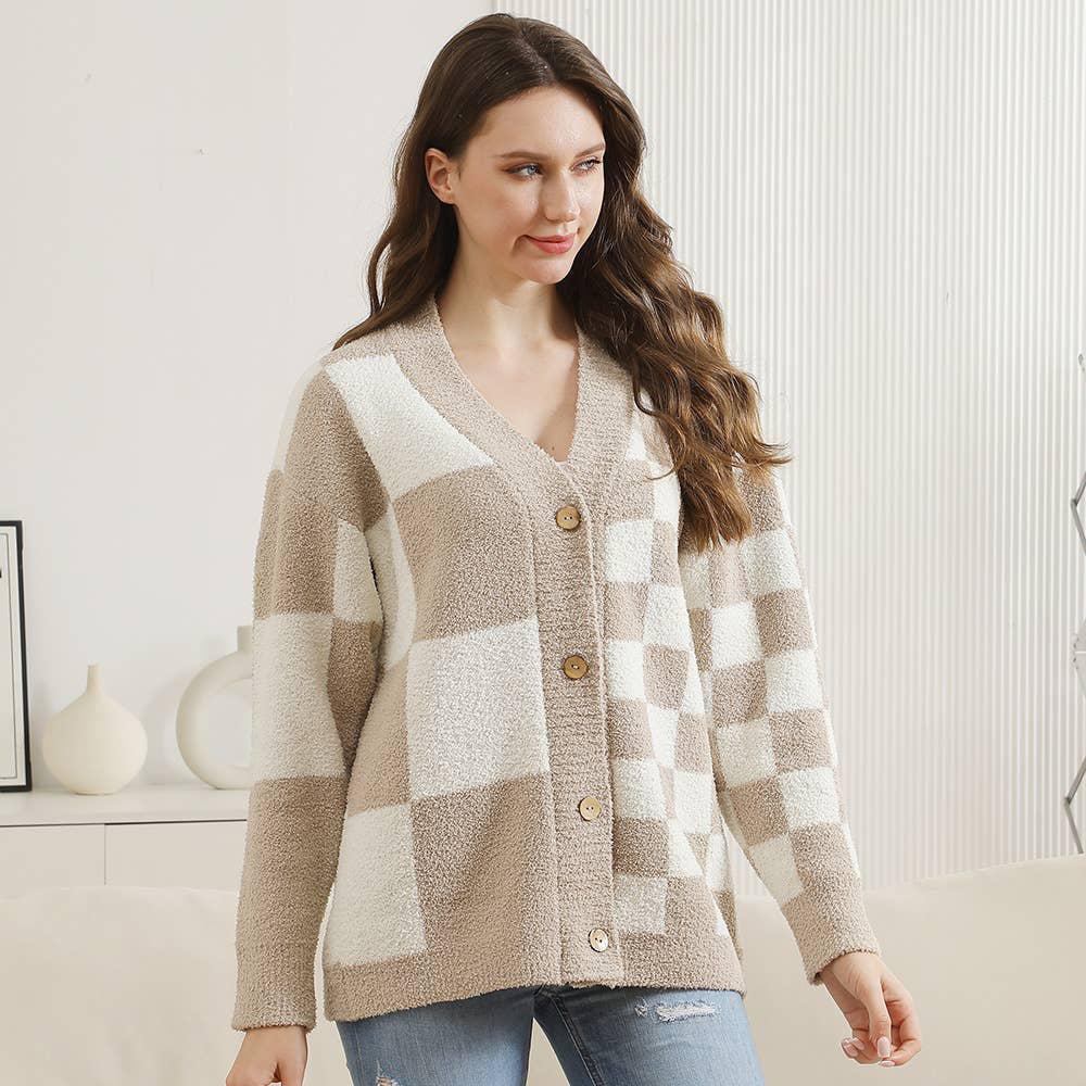 Multi Checkered Pattern Button-Up Cardigan