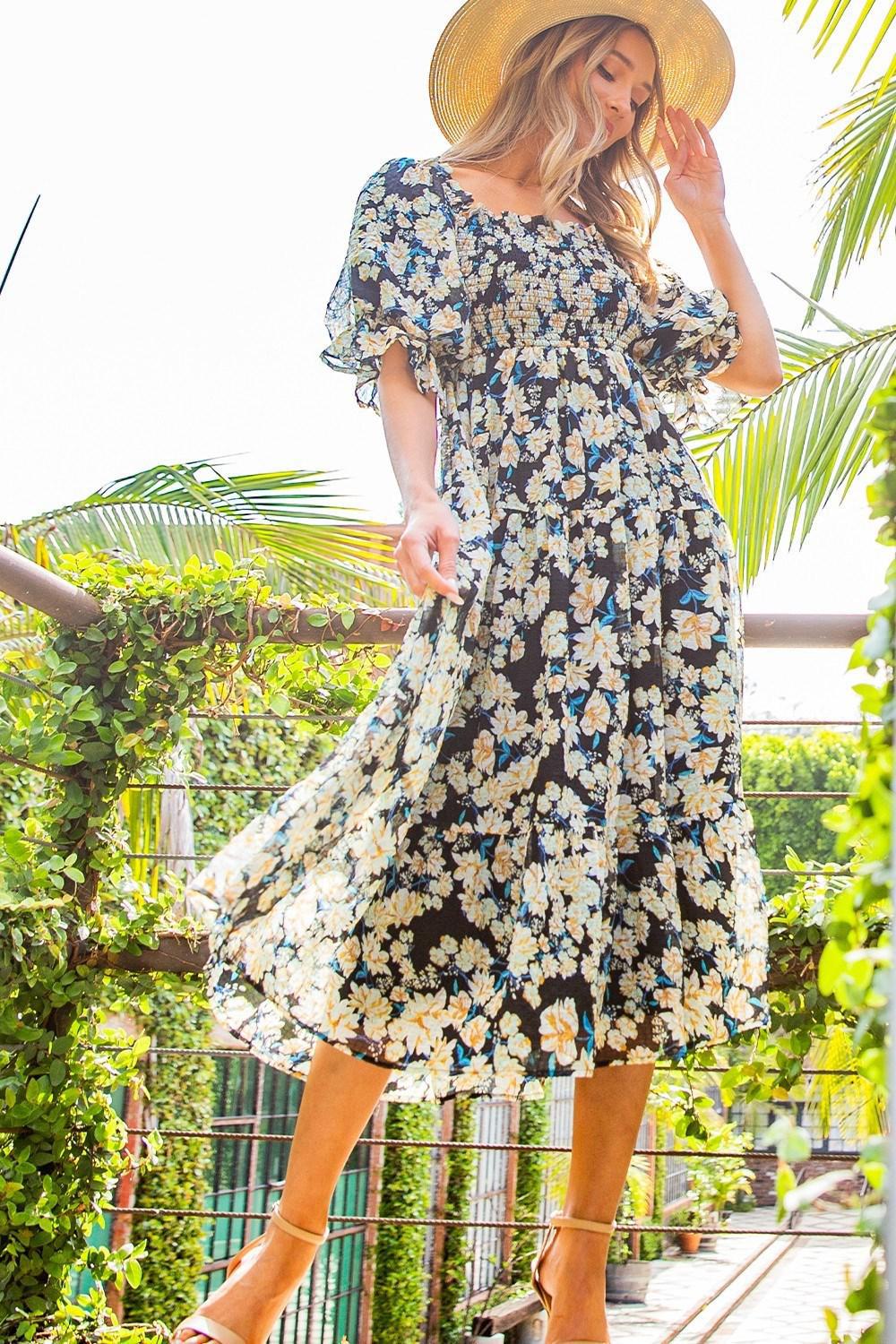 Smocked Floral Midi Dress DK9483