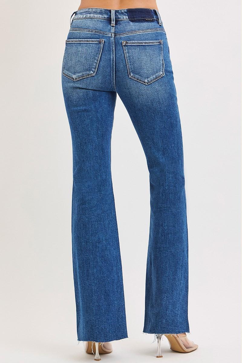 RISEN PF21424 DARK HIGH RISE FLARE JEANS WITH RAW CUT HEM