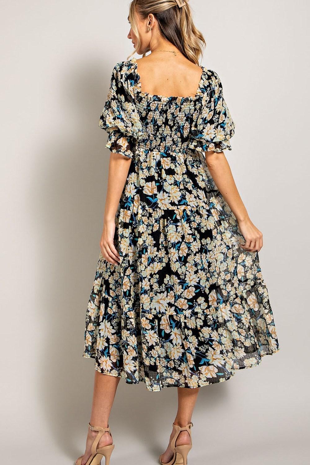 Smocked Floral Midi Dress DK9483