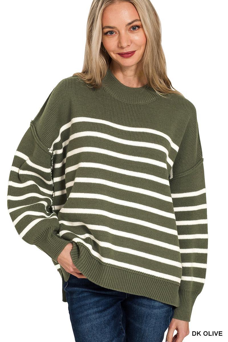Zenana Exposed Seam Striped Oversized Sweater