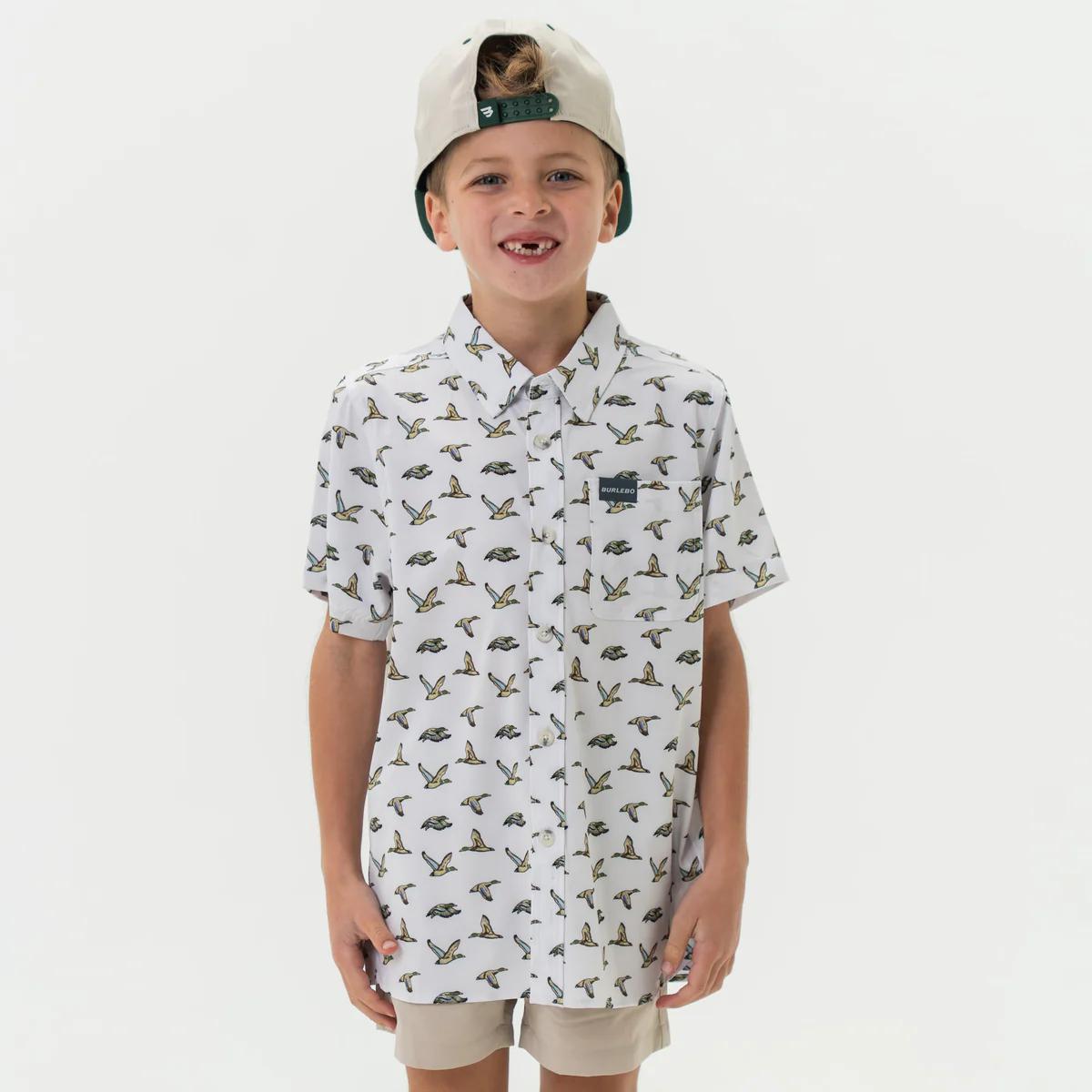 BURLEBO Youth Performance Button Up - Flying Mallard Ducks White