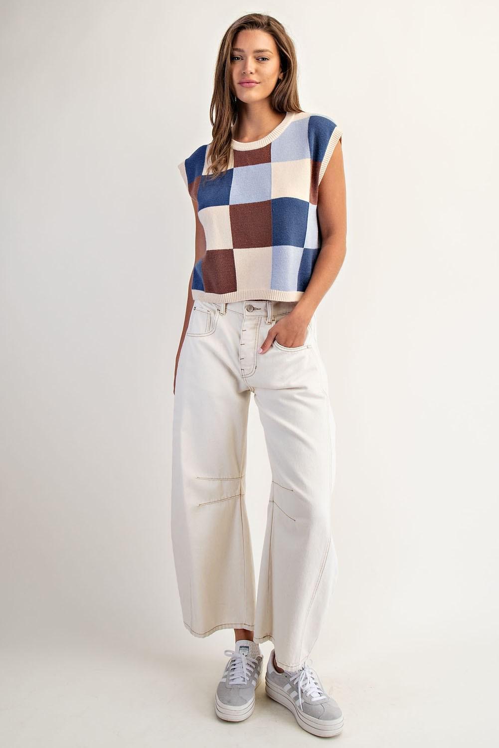 Checker Print Sleeveless Sweater Top