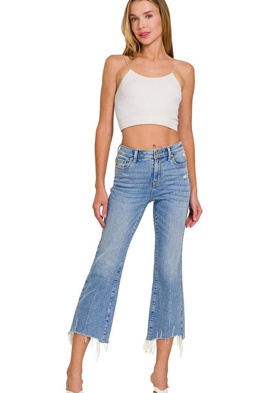 Zenana DNP-1646MM Medium Washed Kick Crop Flare Denim