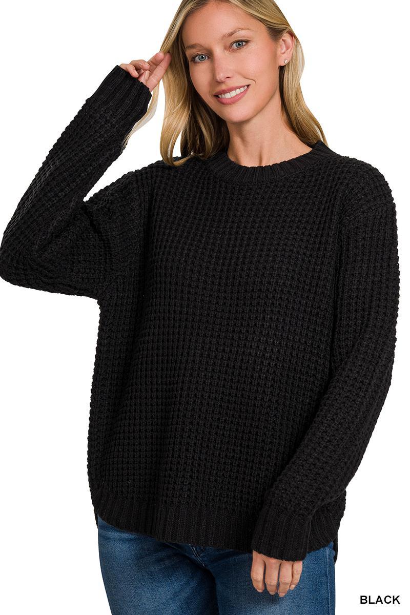 ZENANA TW-2416Y Heather Gray H/L Round Neck Waffle Sweater