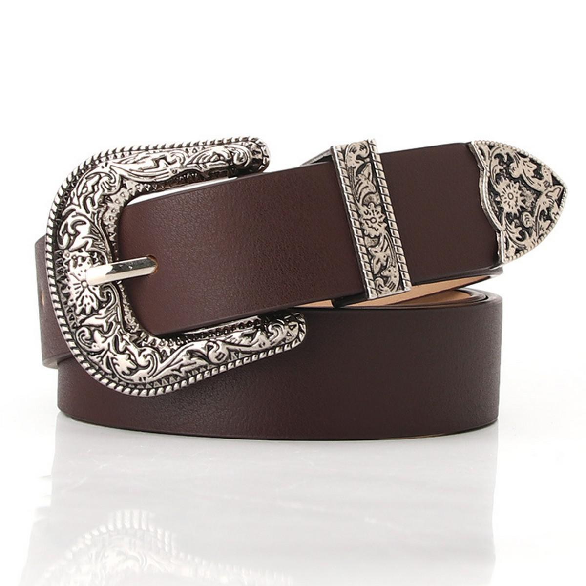 Classic Vintage Buckle Belt with Embossed - Coffee