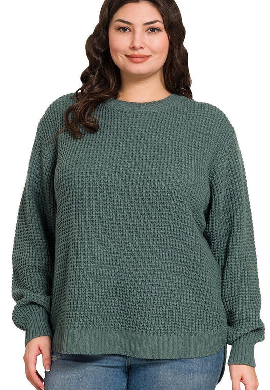 Zenana TW-2241X5 Curvy Round Neck Basic Sweater Ash Jade