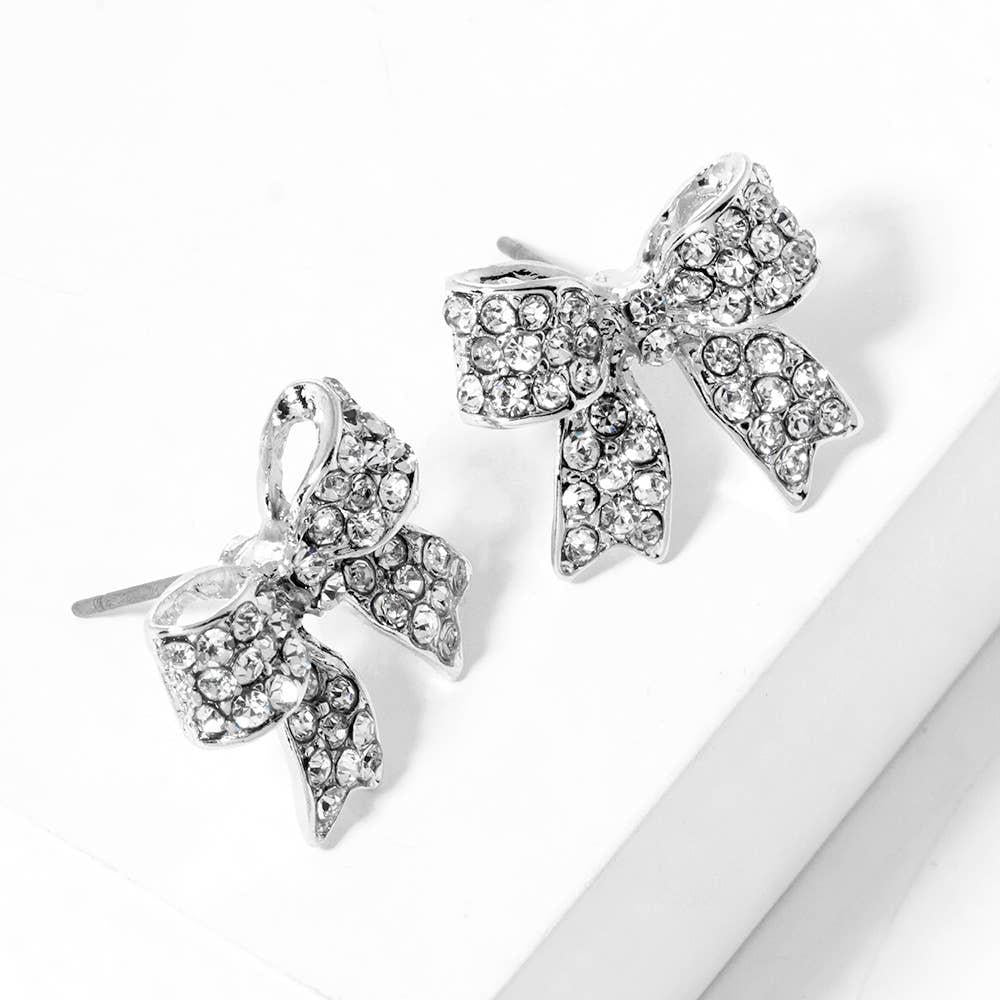Crystal Rhinestone Pave Bow Stud Earrings