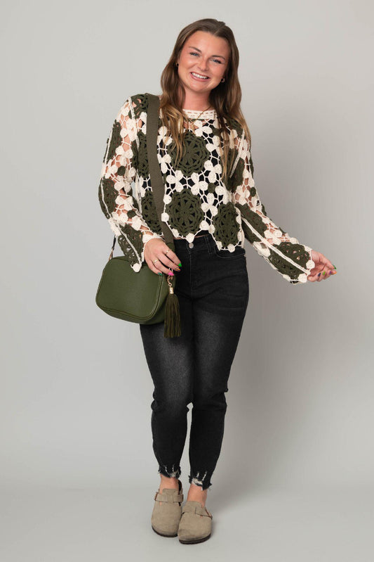 Natural Olive - Crochet Bell Sleeve Top
