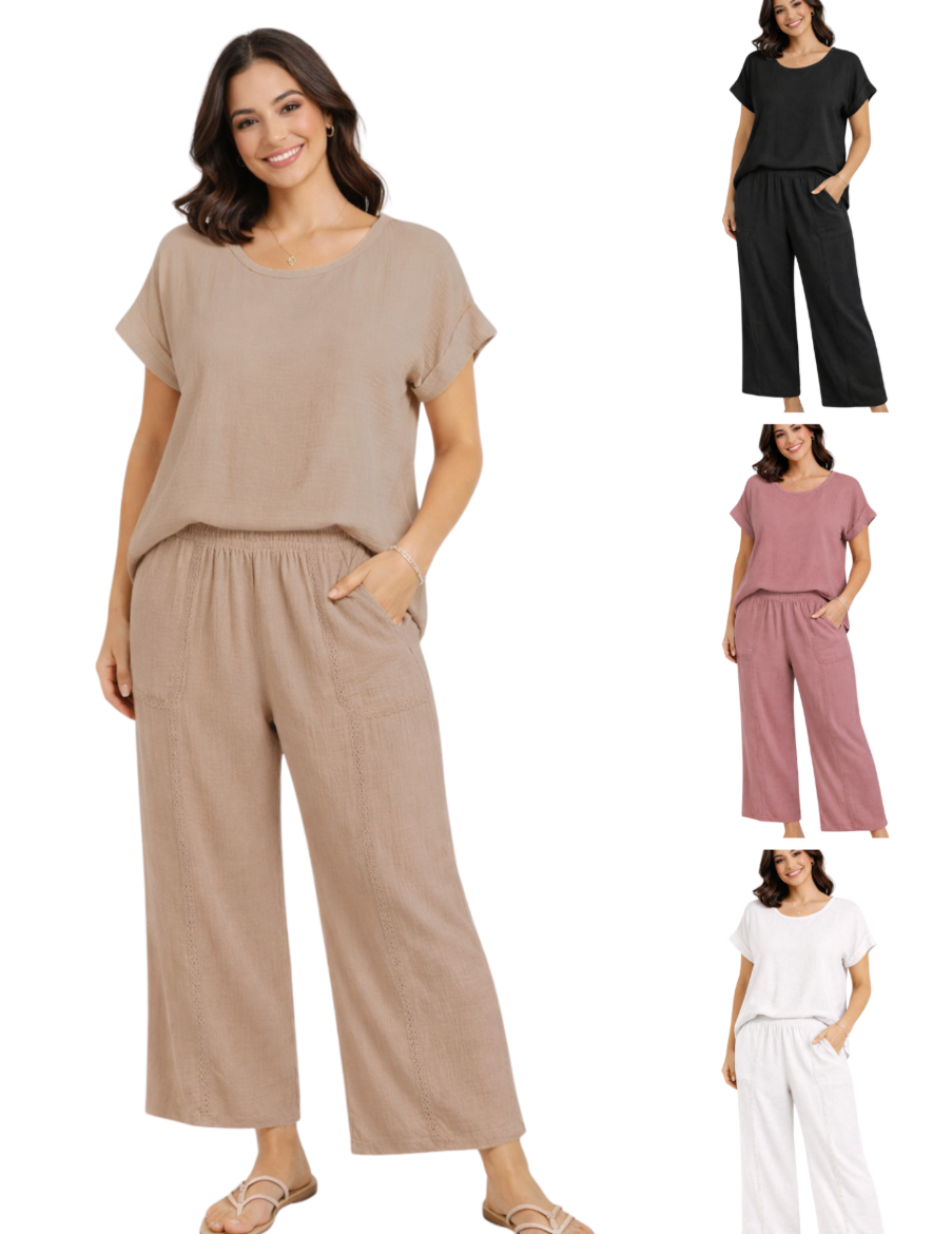 Cotton Gauze Cropped Wide Leg Pant w/ Crochet Lace Trim