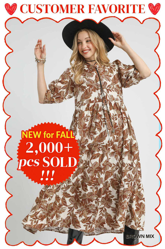 UMGEE Boho Print Tiered Midi Dress - Brown Mix