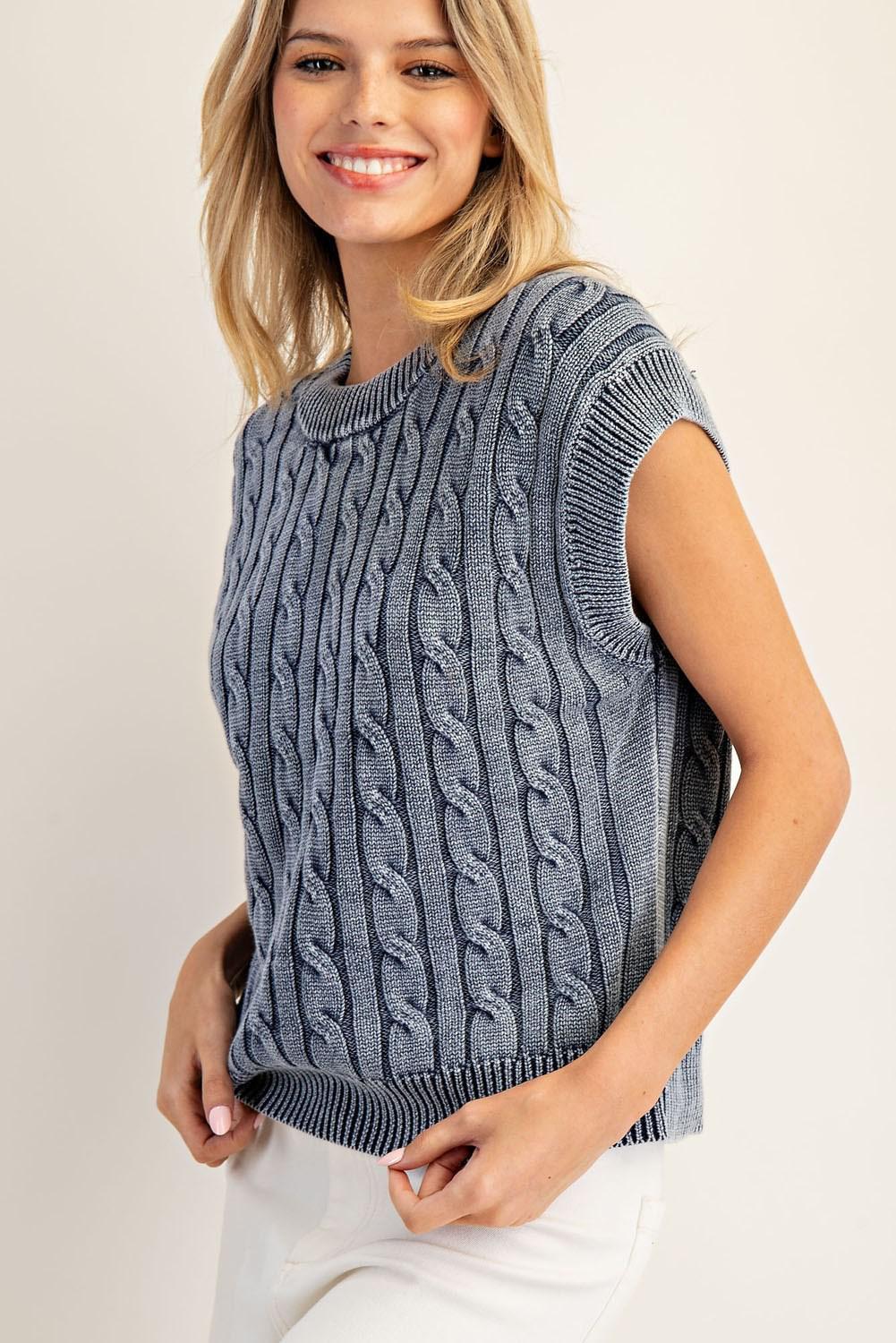 EE:SOME Mineral Washed Cable Knit Round Neck Sweater ✨