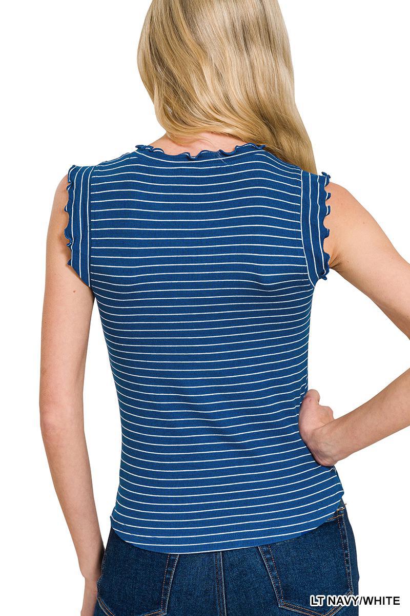 ZENANA RRT-8529Y Ribbed Ruffle Trim Sleeveless Stripe Top