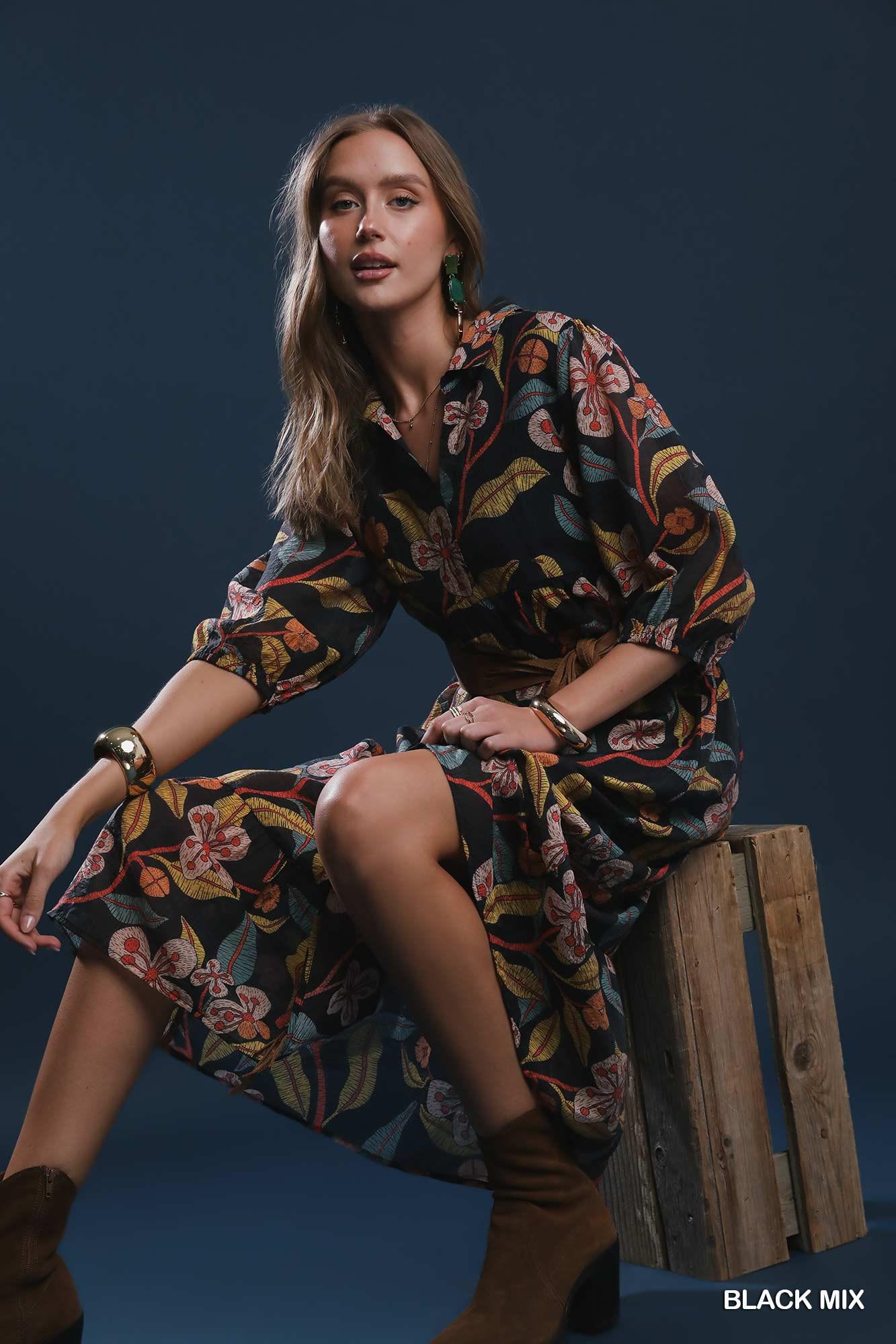 UMGEE Mixed Floral Print Tiered Midi Dress