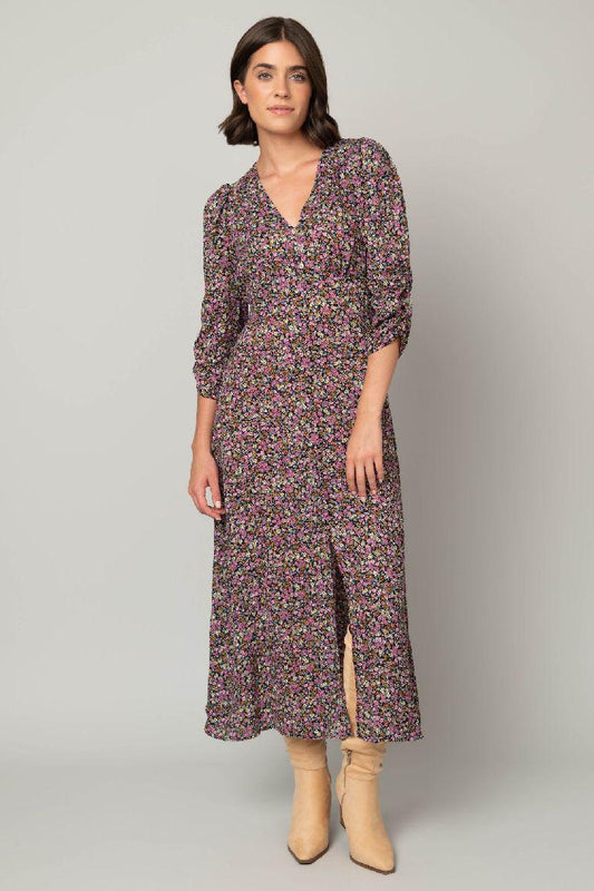 3/4 Sleeve Button Front Floral Maxi Dress