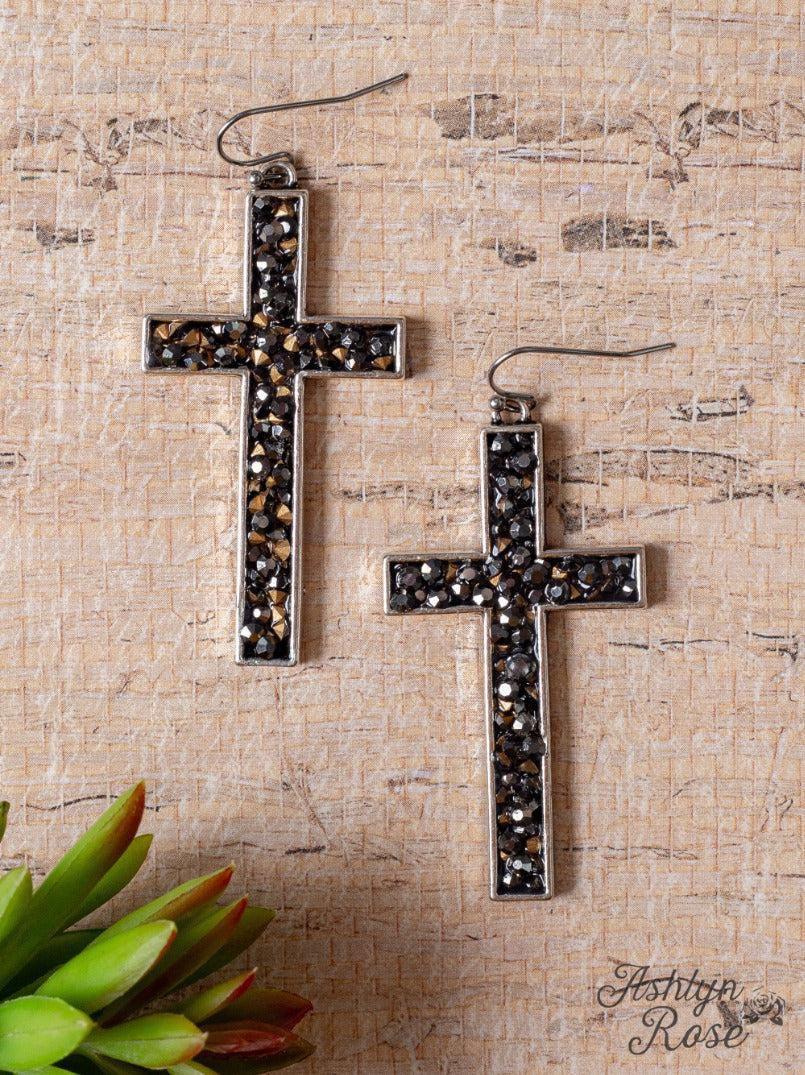 G&E Black Rhinestone Cross Earrings
