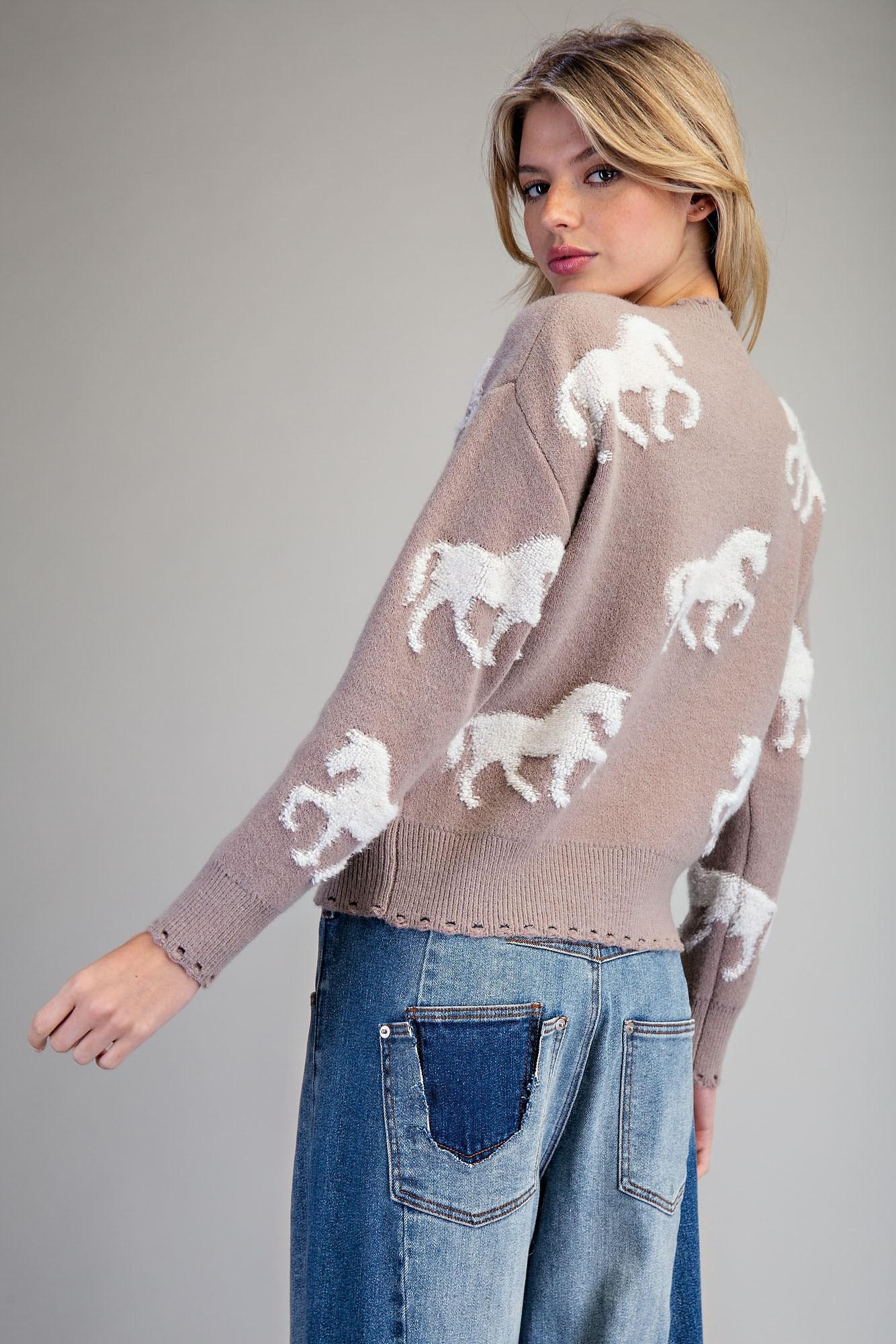 ee:some Horse Textured Long Sleeve Distressed Sweater ✨