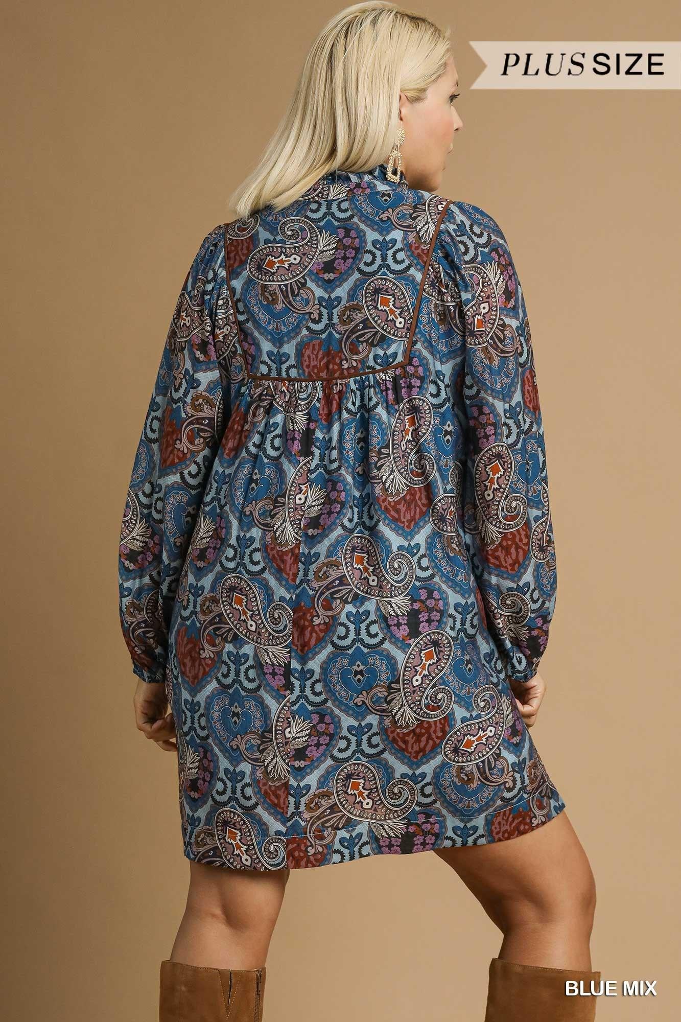 Umgee Boho Mix Paisley Babydoll Dress - Curvy