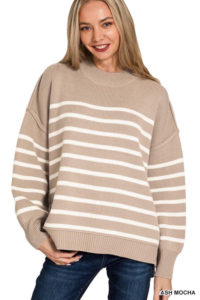 Zenana Exposed Seam Striped Oversized Sweater