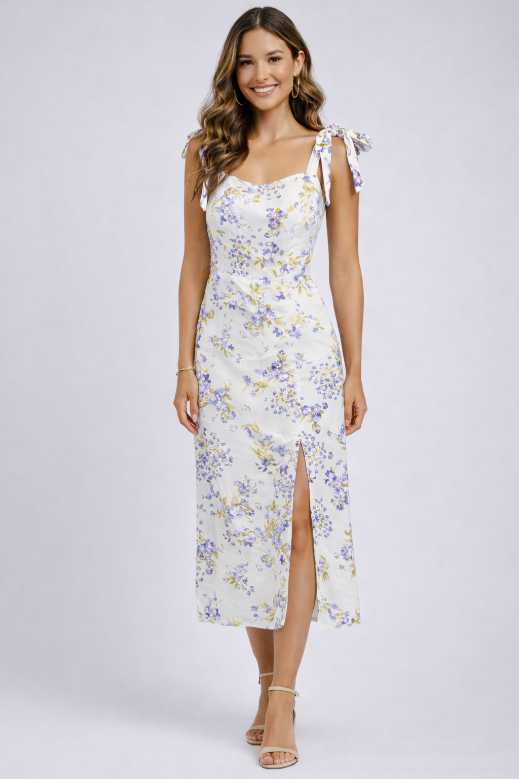 Floral Linen-Like Tie Strap Midi Dress