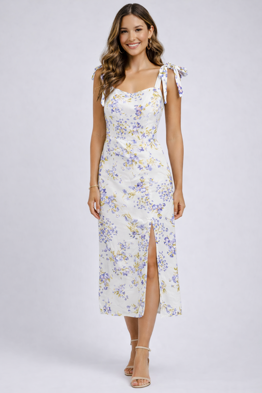 Floral Linen-Like Tie Strap Midi Dress