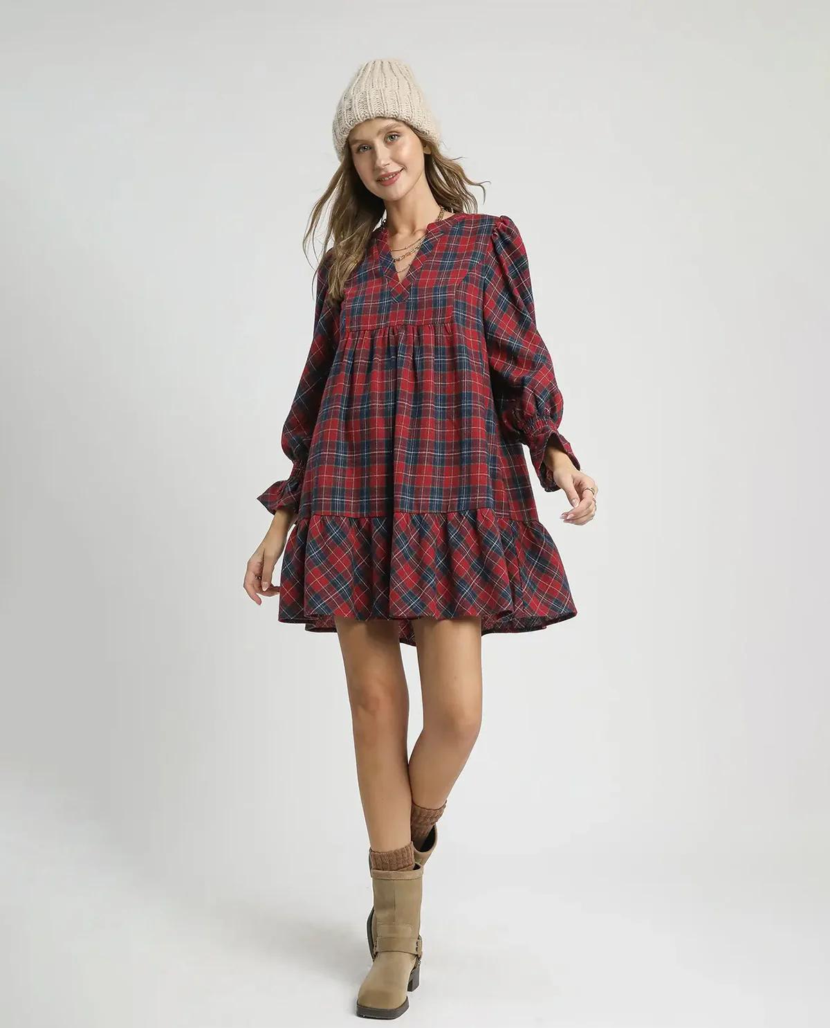 Umgee  Mix Plaid Tiered Dress Long Sleeves with Smocked Cuffs