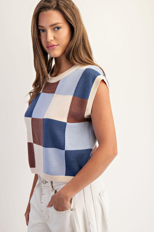 Checker Print Sleeveless Sweater Top