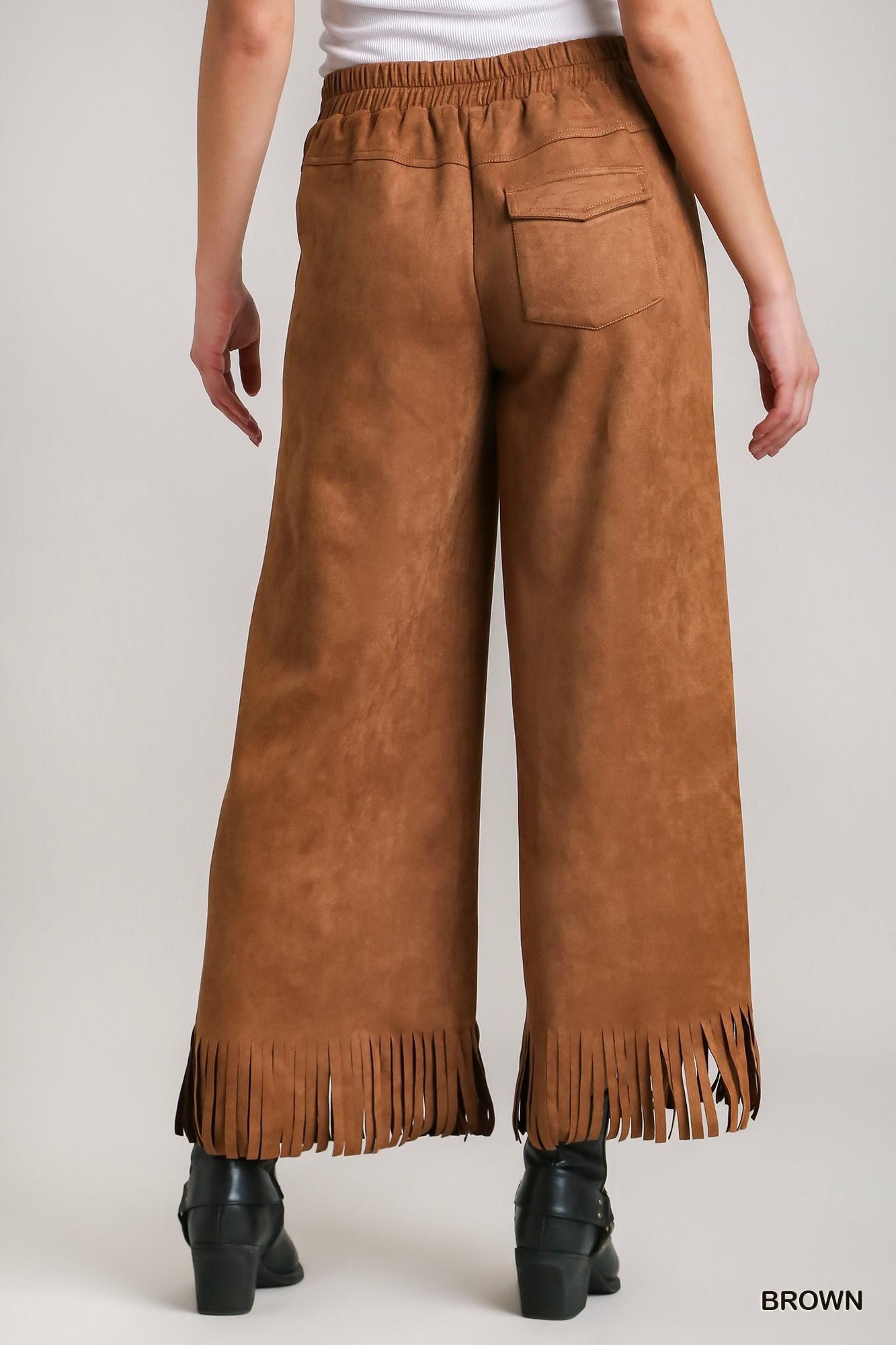 Solid Suede Long Pants with Frey Hem