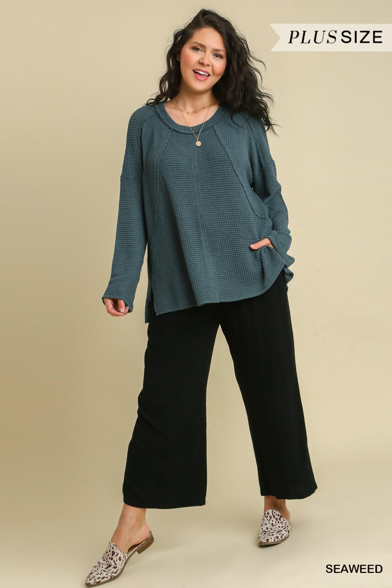 Umgee Waffle Knit Reverse Seam Top with Bell Sleeves