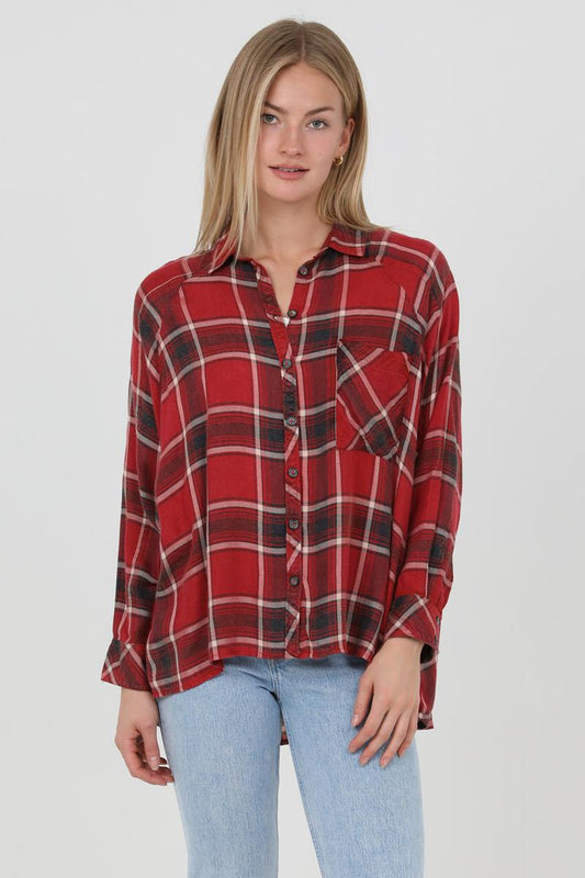 Red Plaid Button Front Top