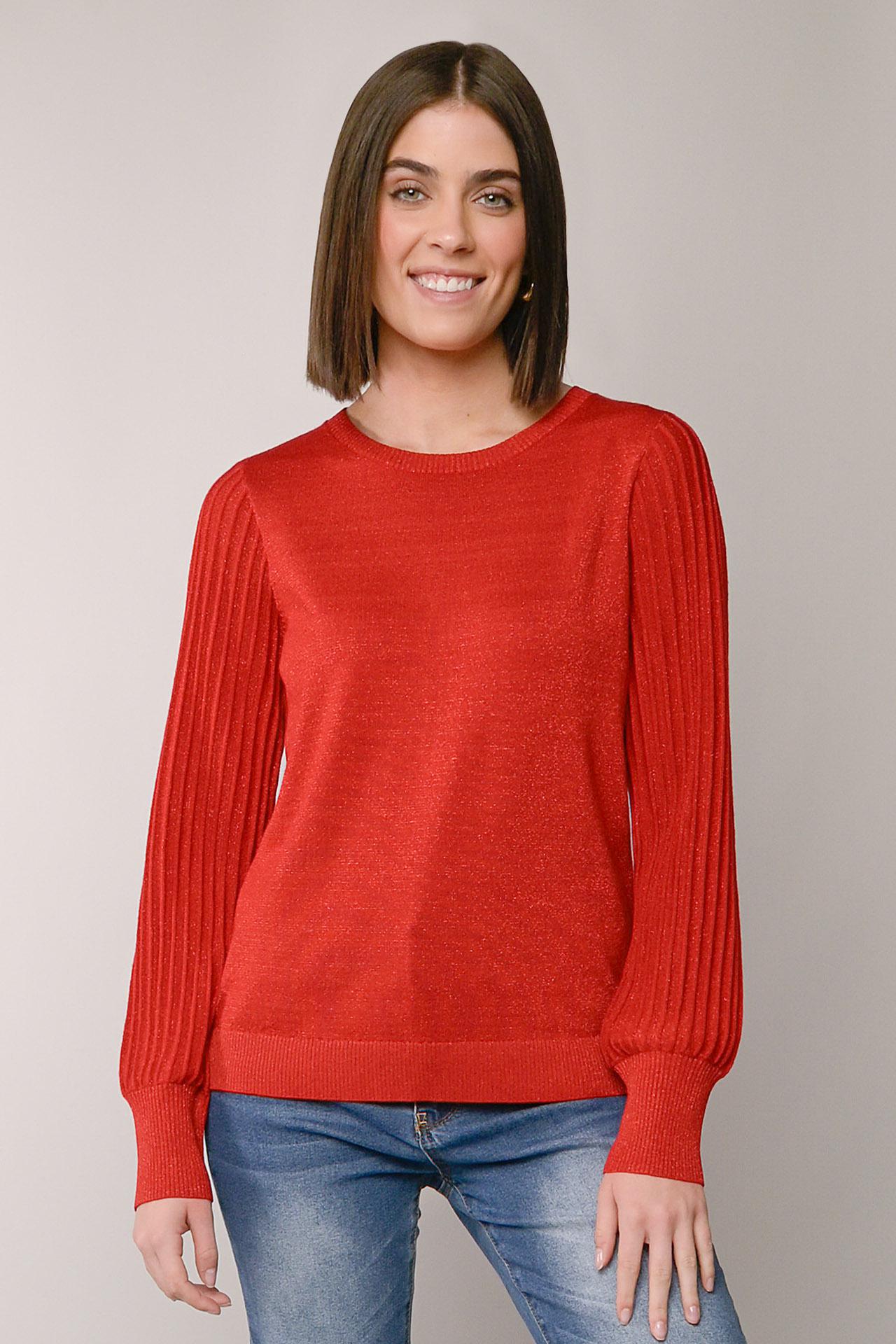 PLEATED SLEEVE LUREX CREW NECK SWEATER.