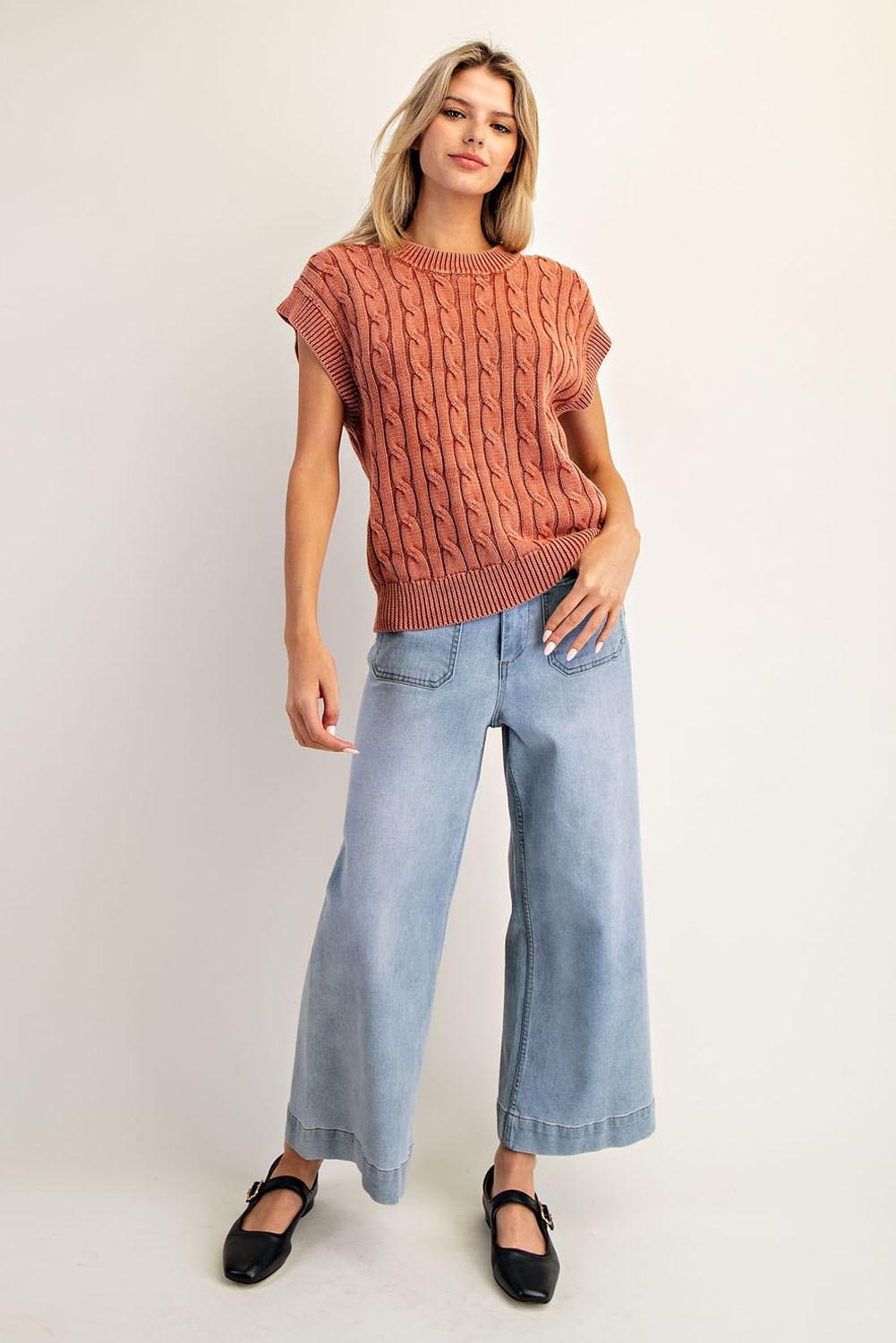 EE:SOME Mineral Washed Cable Knit Round Neck Sweater ✨