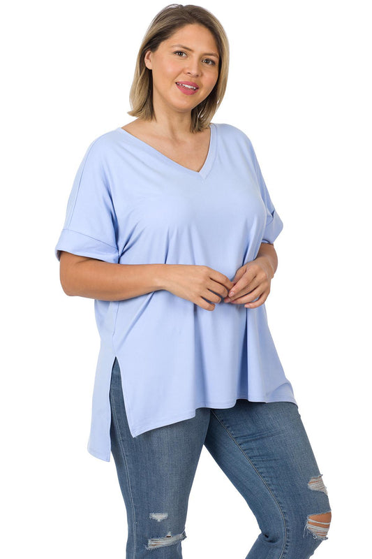 Curvy Brushed Rolled Short Sleeve V-neck Top