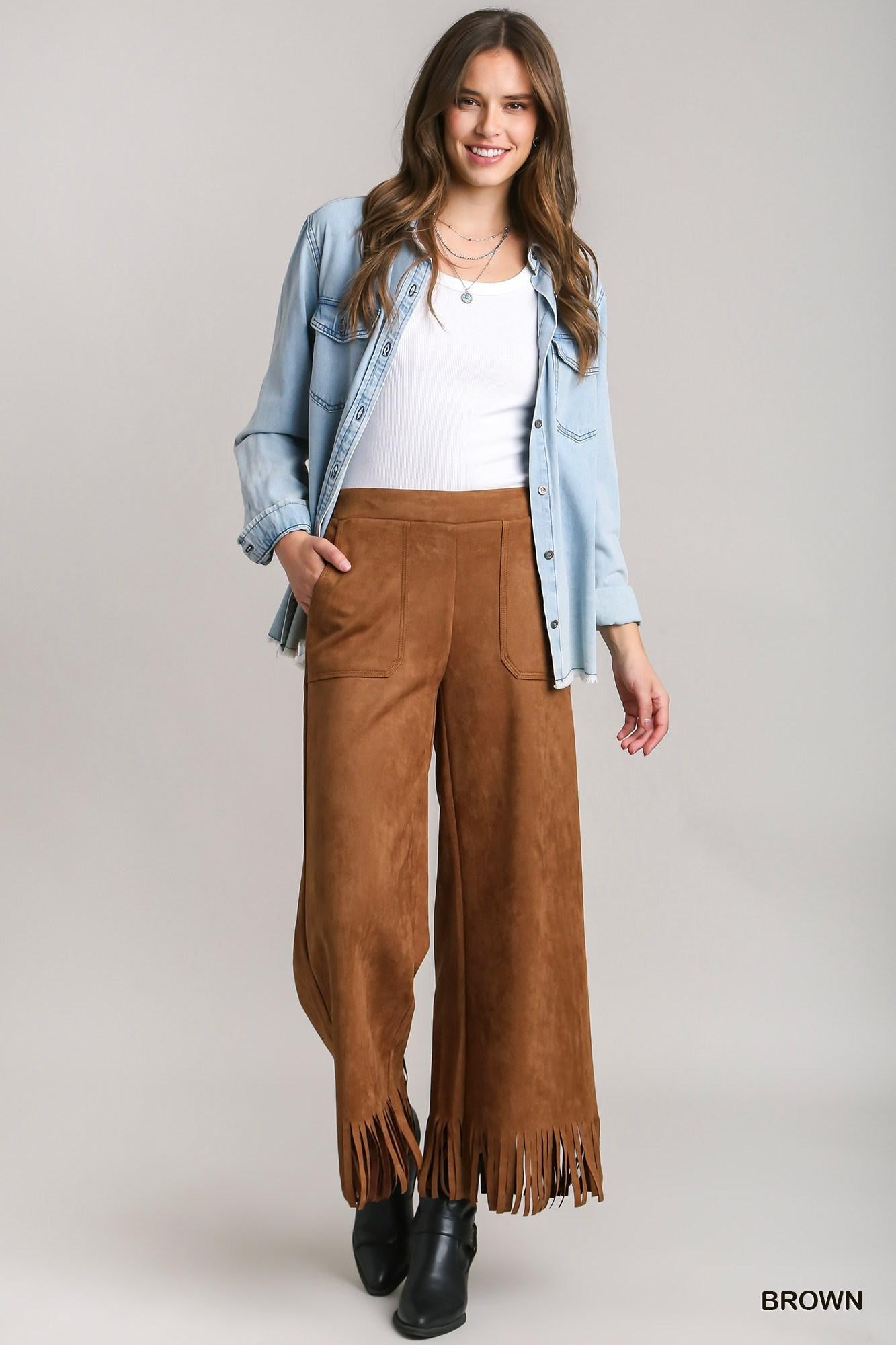 Solid Suede Long Pants with Frey Hem