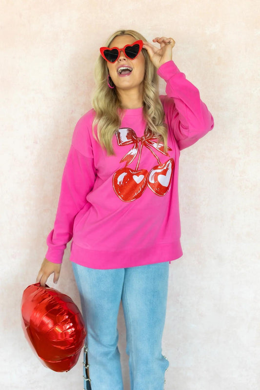 HEART CHERRIES ON PINK SWEATSHIRT