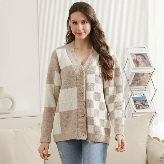 Multi Checkered Pattern Button-Up Cardigan