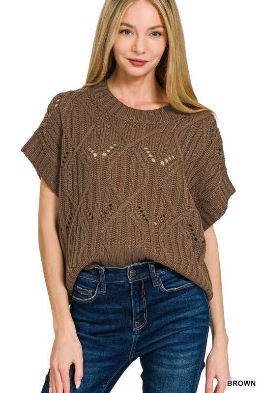 ZENANA Cable Knit Short Sleeve Sweater