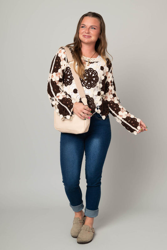 Natural/Dark Brown - Crochet Bell Sleeve Top