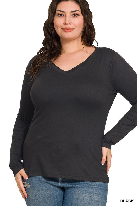 Zenana PLUS BRUSHED MICROFIBER LONG SLEEVE V-NECK TEE