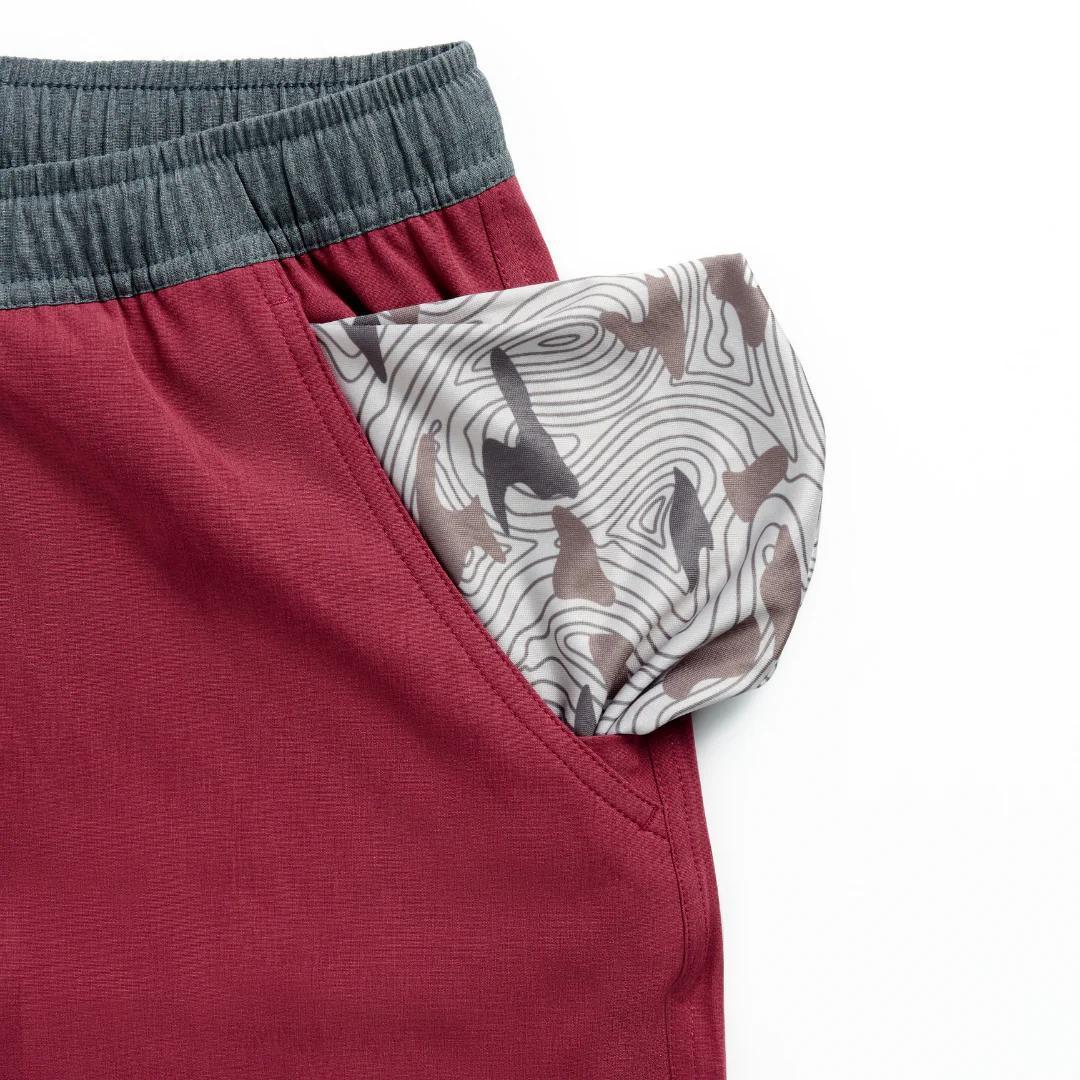 BURLEBO Youth Athletic Short - Cardinal - Topo Desert Camo Liner