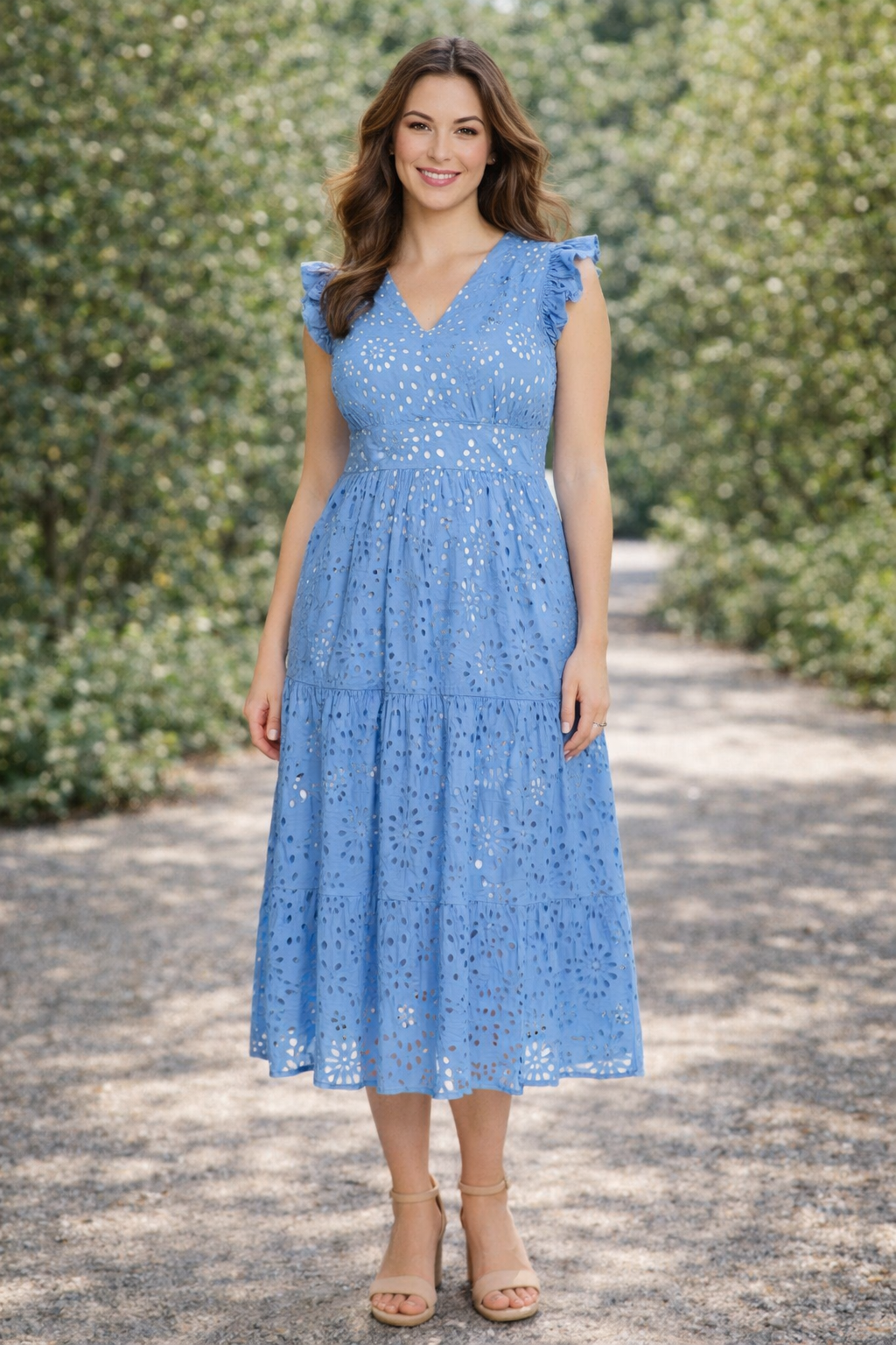 Flutter Sleeve Eyelet Midi Dress