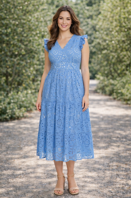 Flutter Sleeve Eyelet Midi Dress
