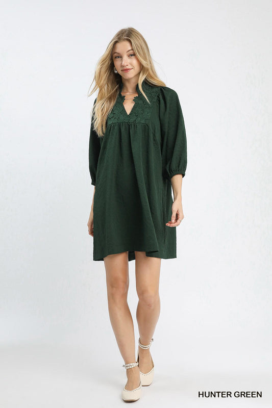 UMGEE Textured Jacquard Floral Lace Detail Mini Dress