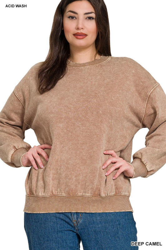 Zenana OTW4302X5 Plus Acid Washed Fleece Oversized Pullover