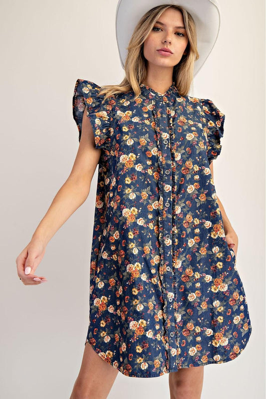 ee:some Mineral Washed Floral Flutter Sleeve Mini Dress